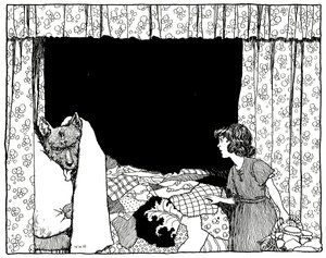 Cappuccetto Rosso Andò al Letto, illustrazione da Old Time Stories di Charles Perrault, pub. da Constable & Co Ltd, 1921 da William Heath Robinson